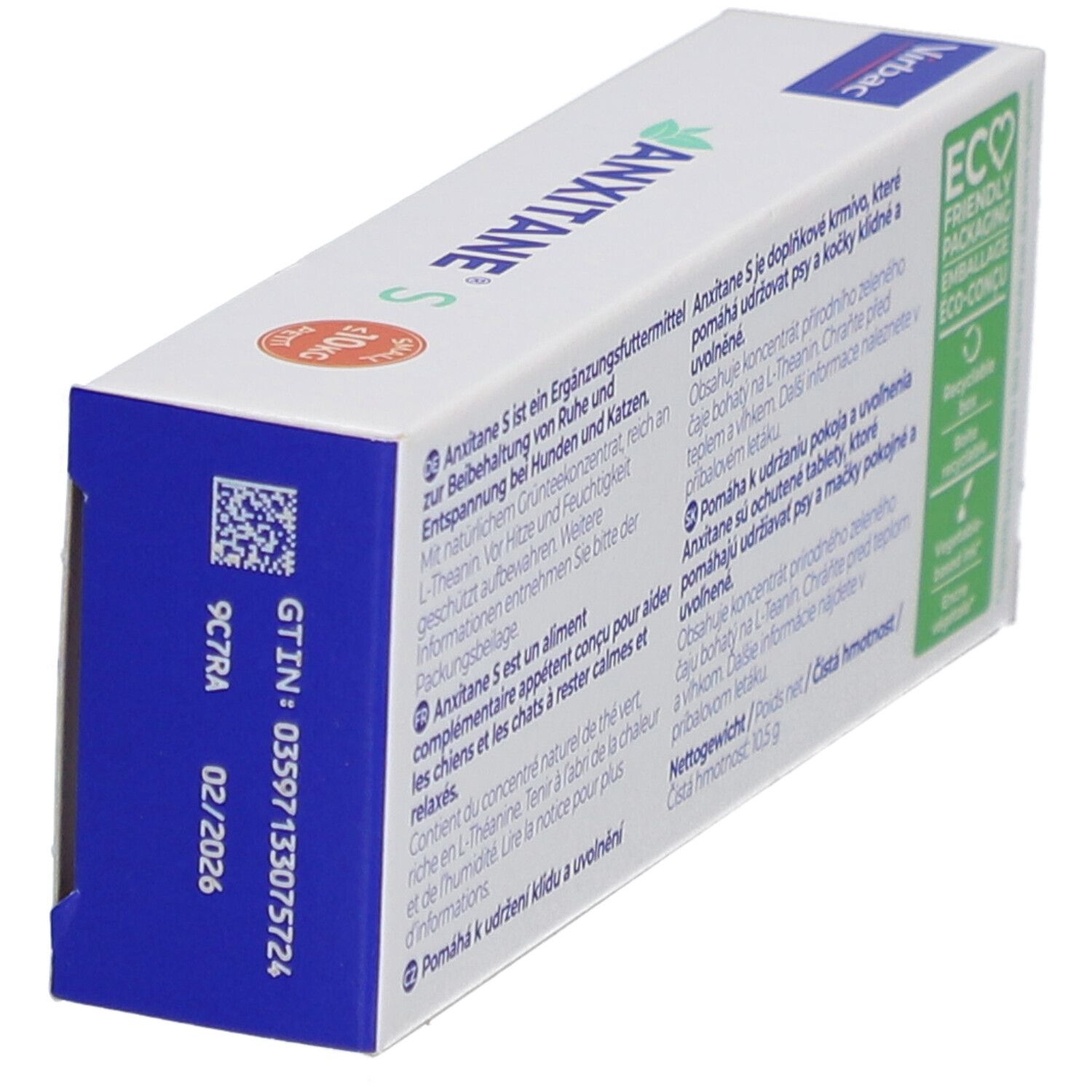 Vue oblique de la boîte "ANXITANE S". Logo, texte, code QR. Emballage éco. Date de péremption: 02/2026.