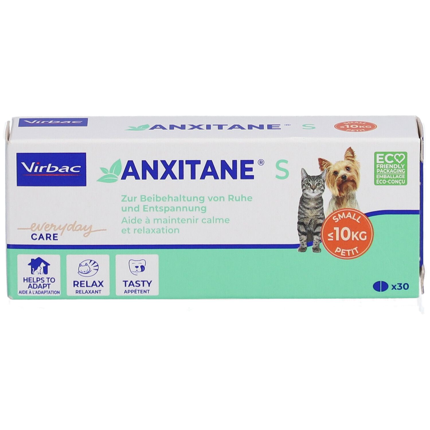 Vue de face de la boîte "ANXITANE S". Logo, chat et chien. Contient 30 comprimés. Symboles "Helps to adapt", "Relax", "Tasty". Emballage éco.
