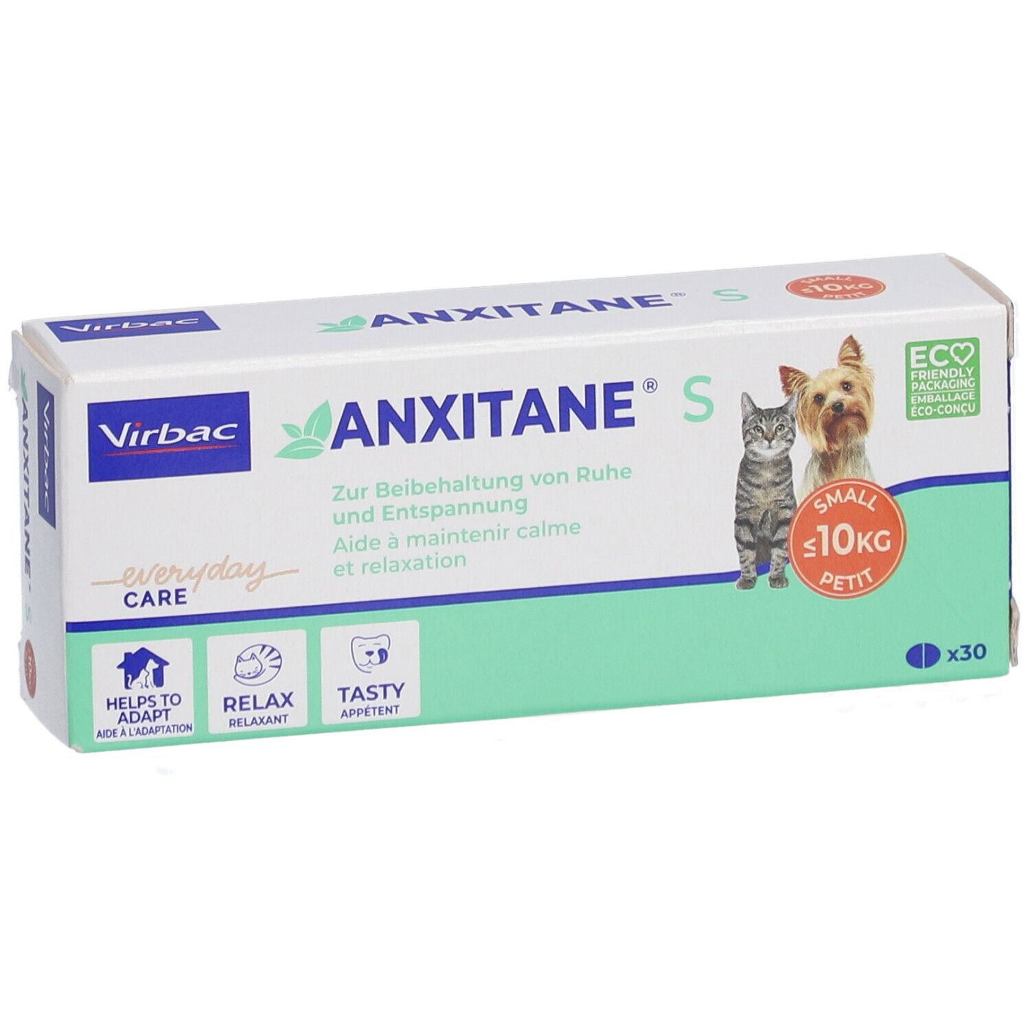 Vue de face de la boîte "ANXITANE S". Logo, chat et chien. Contient 30 comprimés. Symboles "Helps to adapt", "Relax", "Tasty". Emballage éco.