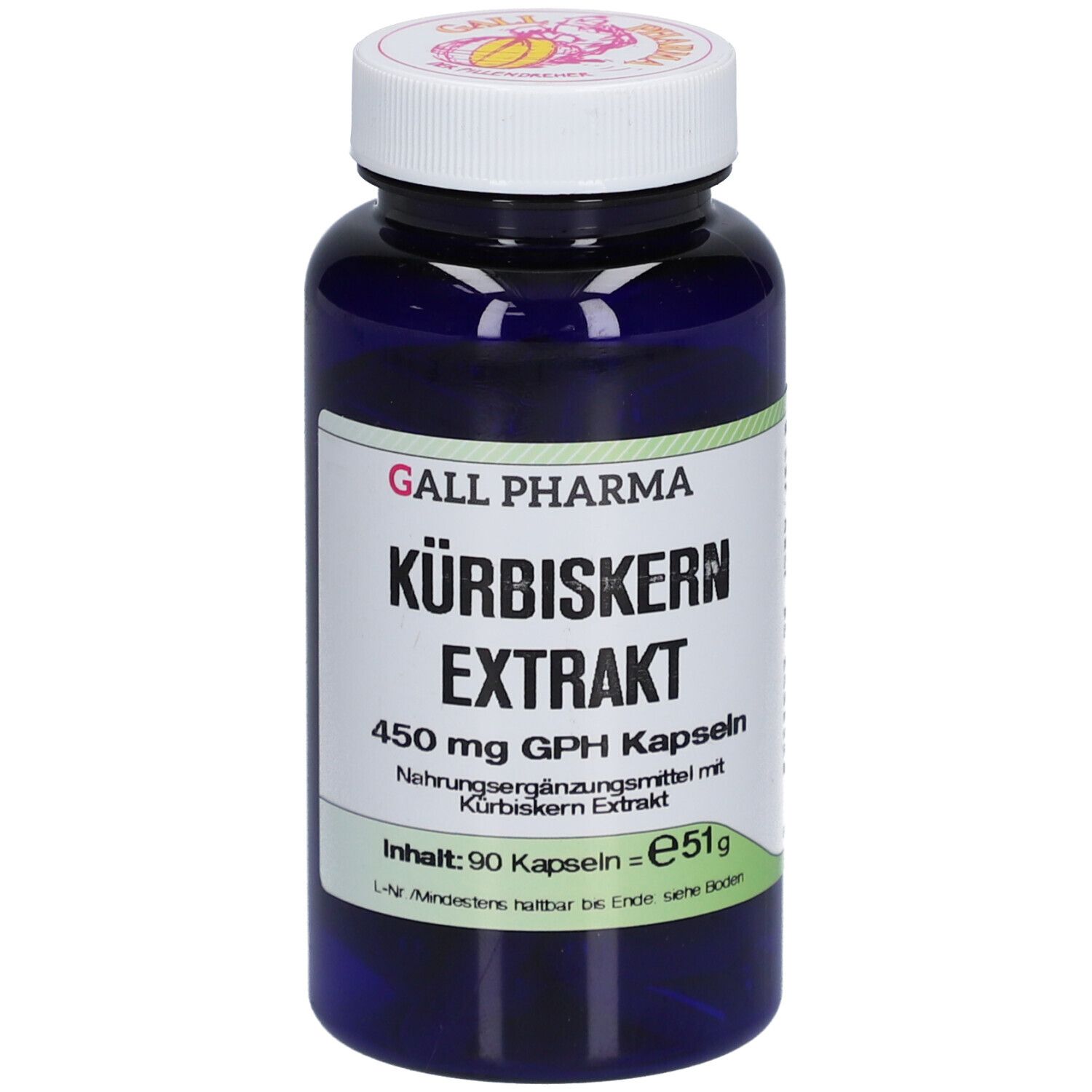 Blaue Flasche mit weißem Deckel. Etikett mit Text: GALL PHARMA Kürbiskern Extrakt 450 mg GPH Kapseln. Inhalt: 90 Kapseln.