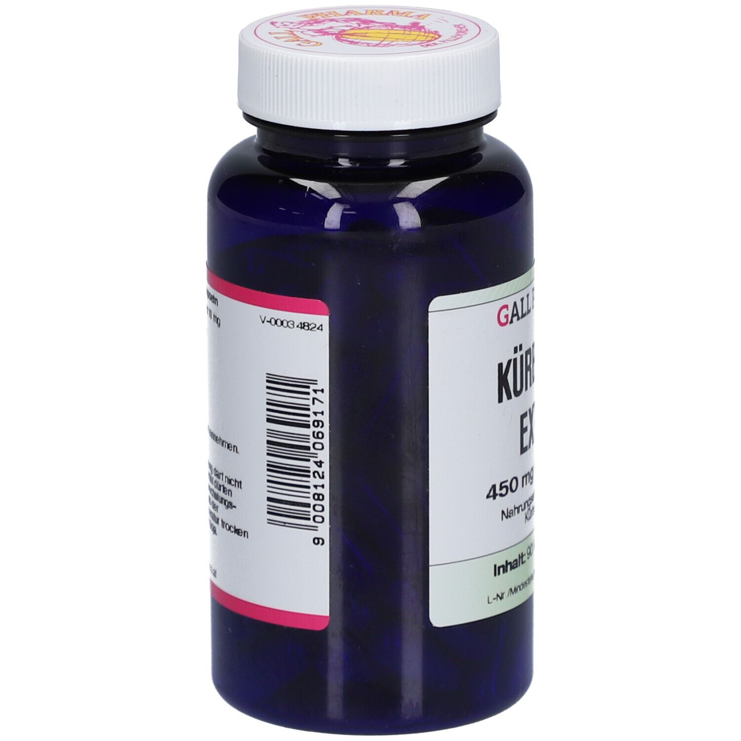 Blaue Flasche mit weißem Deckel. Seitenansicht mit Etikett und Barcode. Text: GALL PHARMA Kürbiskern Extrakt 450 mg GPH Kapseln.