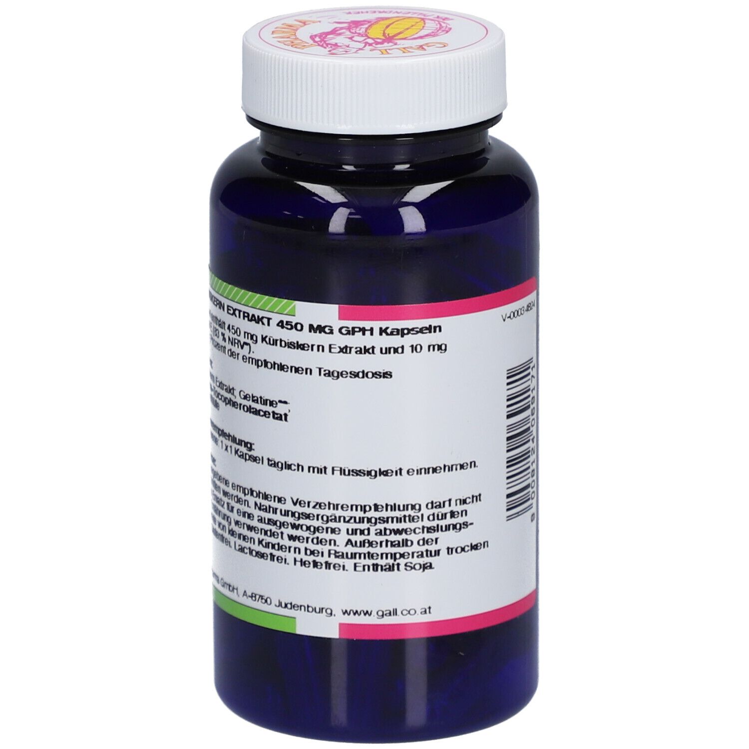 Blaue Flasche mit weißem Deckel. Rückansicht mit Etikett. Text: GALL PHARMA Kürbiskern Extrakt 450 mg GPH Kapseln. Inhaltsstoffe und Anwendung.