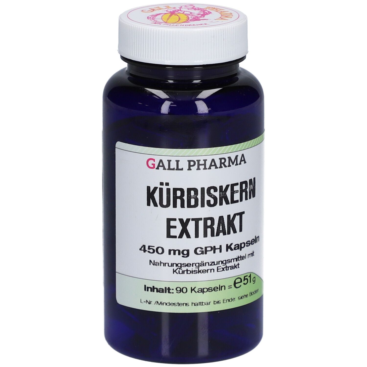 Blaue Flasche mit weißem Deckel. Etikett mit Text: GALL PHARMA Kürbiskern Extrakt 450 mg GPH Kapseln. Inhalt: 90 Kapseln.