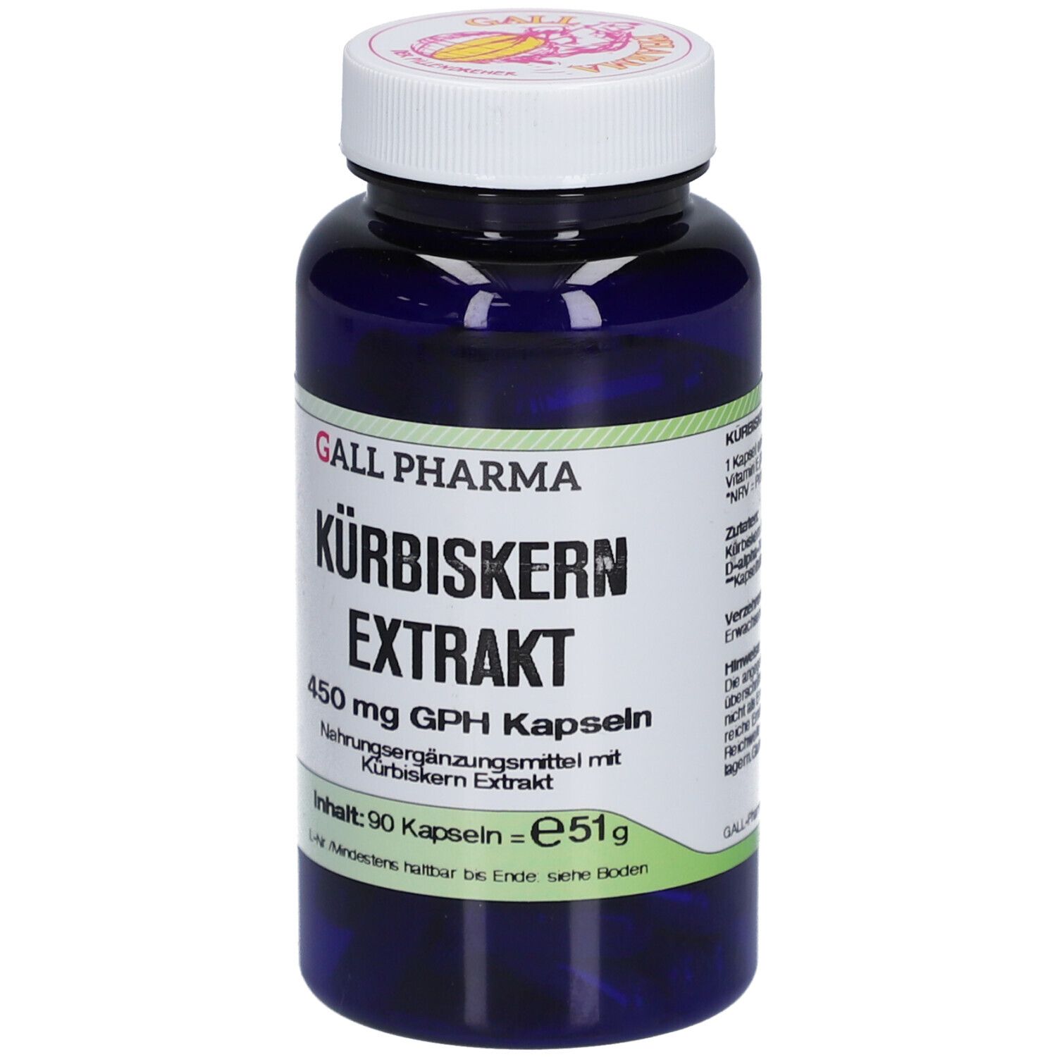 Blaue Flasche mit weißem Deckel. Etikett mit Text: GALL PHARMA Kürbiskern Extrakt 450 mg GPH Kapseln. Inhalt: 90 Kapseln.