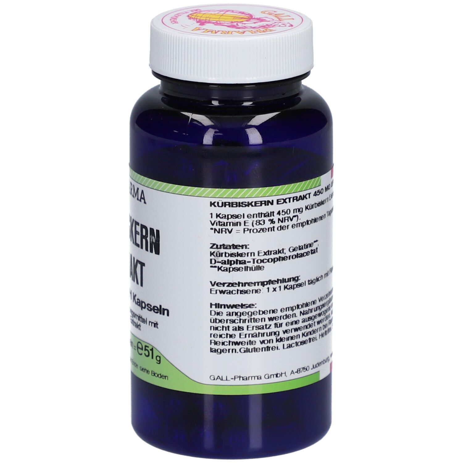 Blaue Flasche mit weißem Deckel. Rückansicht mit Etikett. Text: GALL PHARMA Kürbiskern Extrakt 450 mg GPH Kapseln. Inhaltsstoffe und Hinweise.