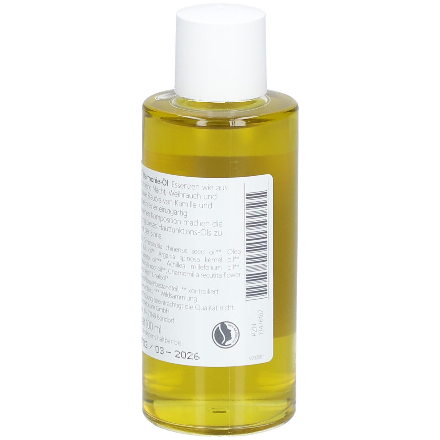 Flacon en verre avec bouchon blanc. Étiquette avec texte et code-barres. Liquide jaunâtre. Texte: 100 ml, date.