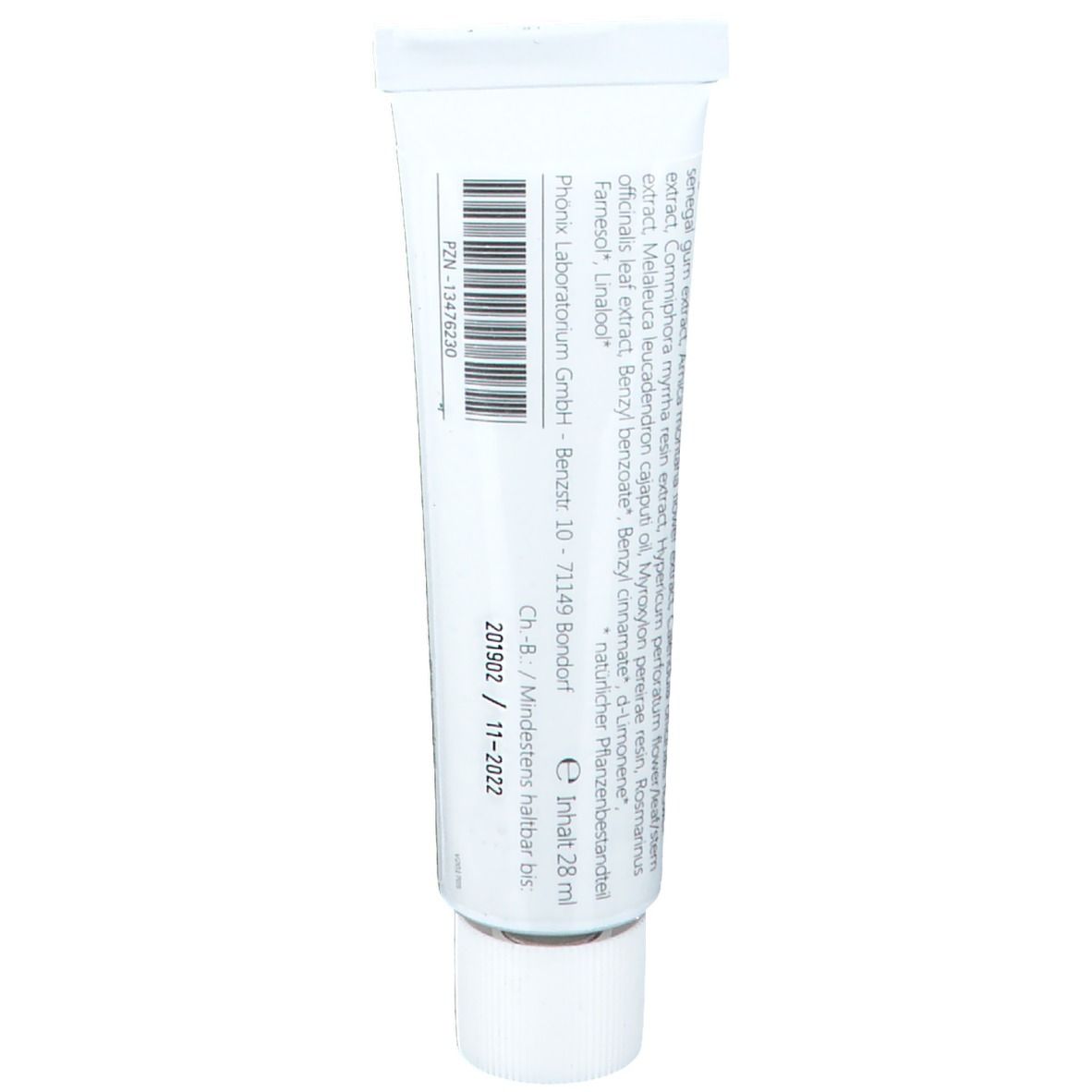 Rückseite der Tube mit Text und Barcode. Herstellerinformationen.
