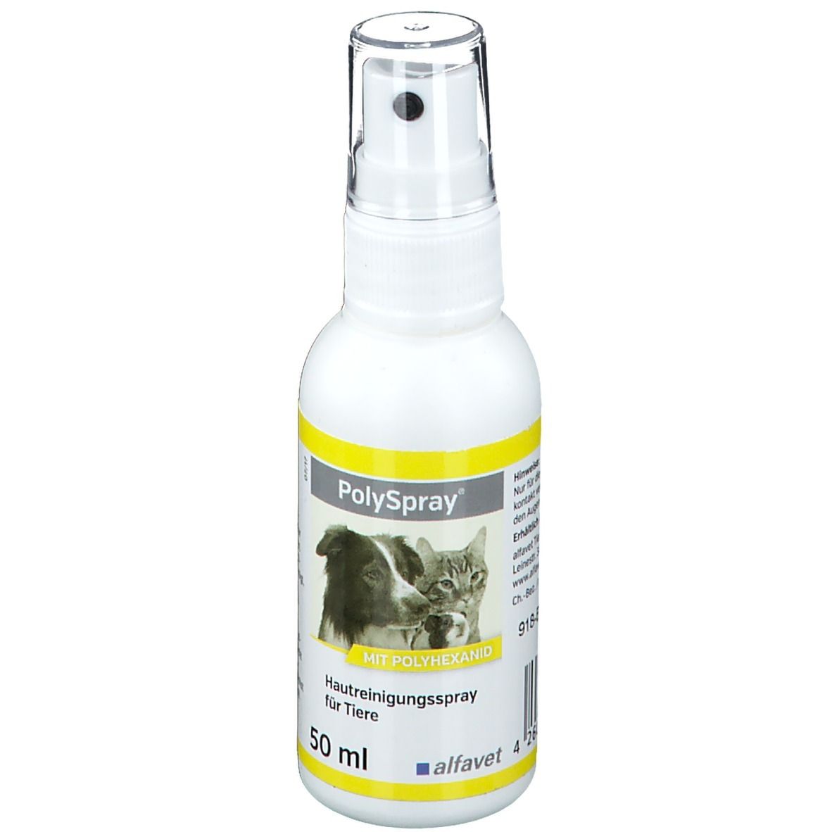 Weißes Fläschchen mit Sprühkopf. Aufdruck: PolySpray, Hunde- und Katzenabbildung, 50 ml.