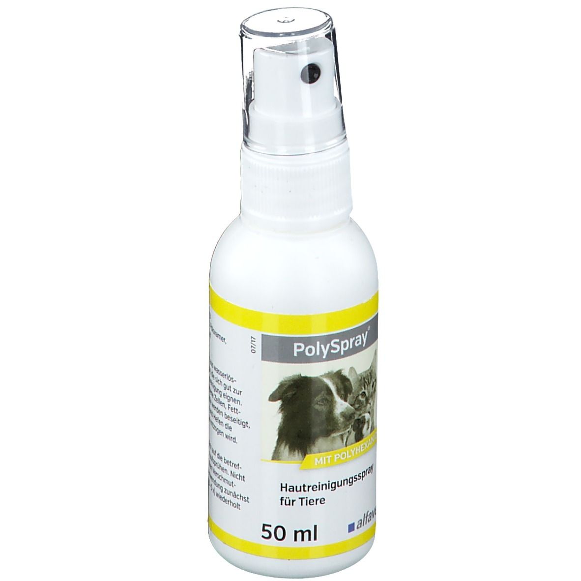 Weißes Fläschchen mit Sprühkopf. Aufdruck: PolySpray, Hunde- und Katzenabbildung, 50 ml.