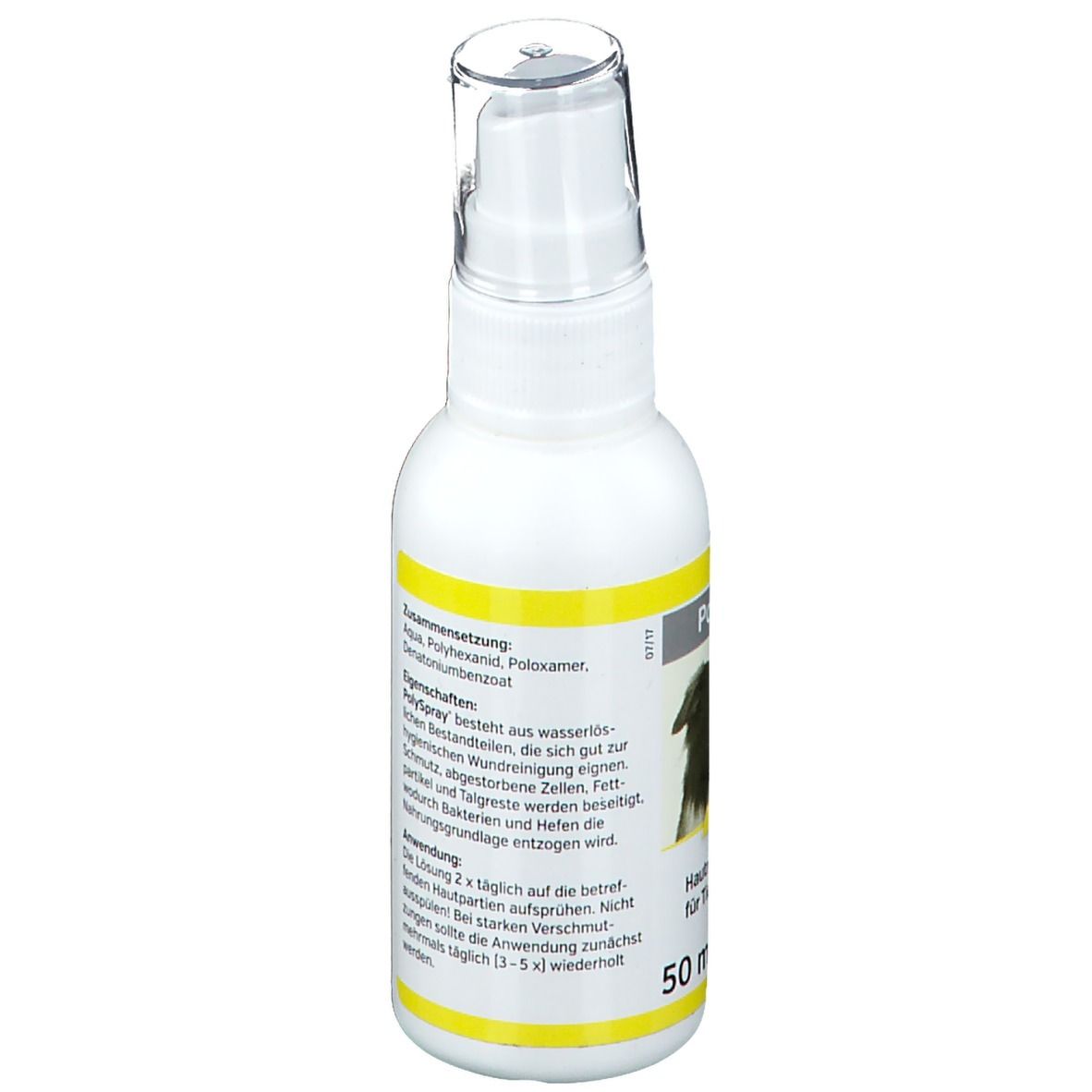 Weißes Fläschchen mit Sprühkopf. Text: Inhaltsstoffe, Eigenschaften, Anwendung, 50 ml.