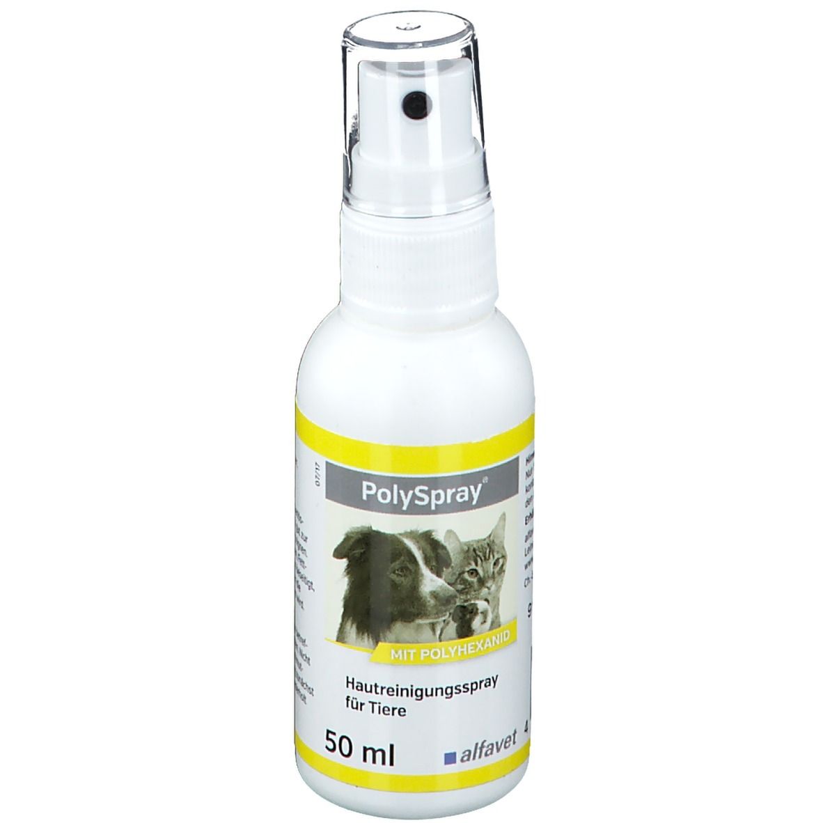 Weißes Fläschchen mit Sprühkopf. Aufdruck: PolySpray, Hunde- und Katzenabbildung, 50 ml.