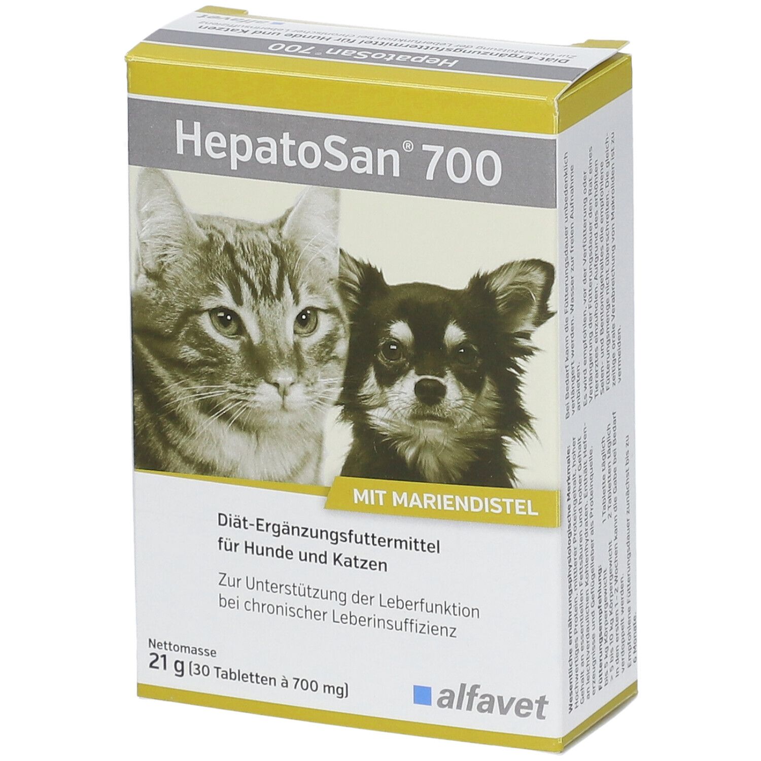 Boîte HepatoSan® 700 avec chat et chien. Texte: Complément alimentaire diététique pour chiens et chats. Avec chardon-marie.
