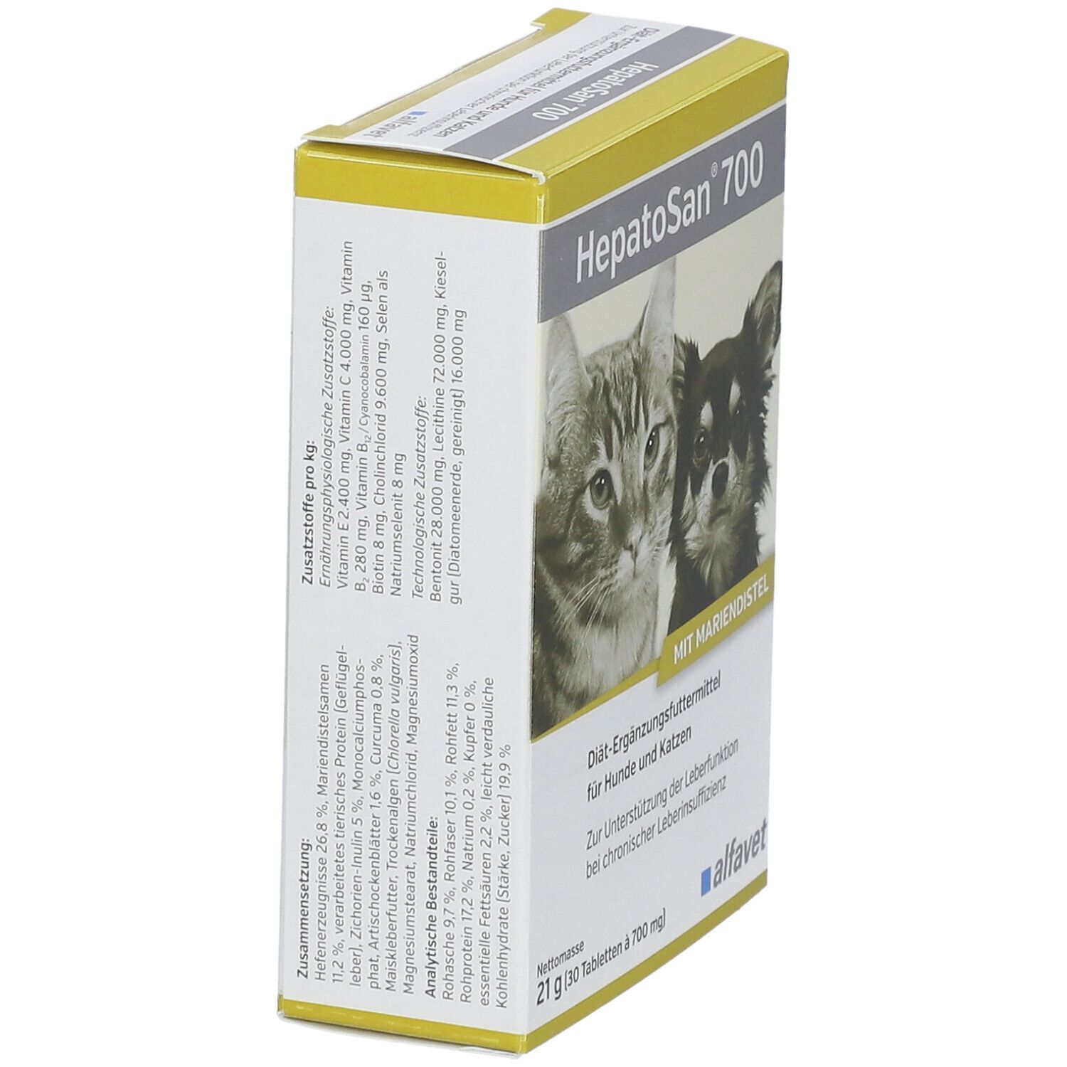 Vue oblique de l'emballage HepatoSan® 700. Impression: HepatoSan® 700, chat, chien, chardon-marie. Ingrédients et valeurs nutritionnelles.