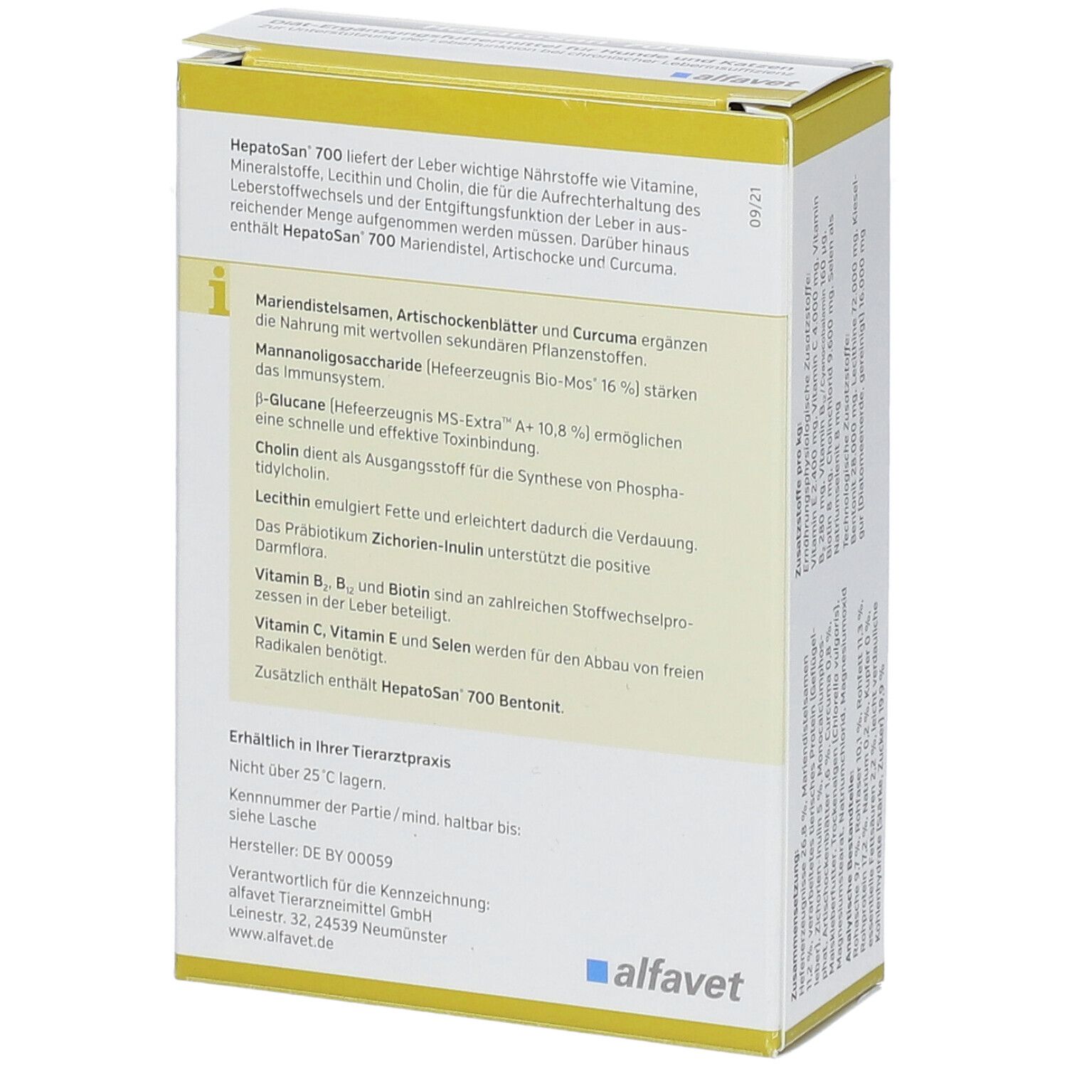 Dos de l'emballage HepatoSan® 700. Texte: Informations sur les ingrédients, l'utilisation et le fabricant. Marque alfavet.