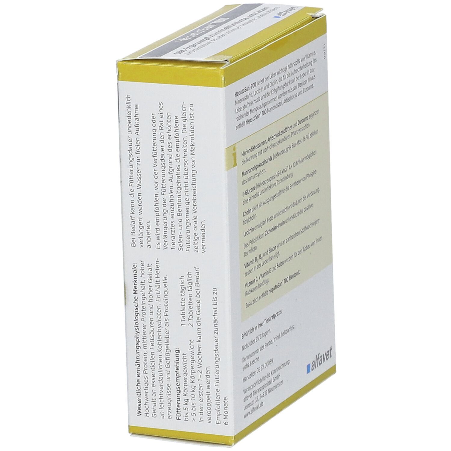 Côté de l'emballage HepatoSan® 700. Texte: Recommandations d'alimentation et instructions. Marque alfavet.