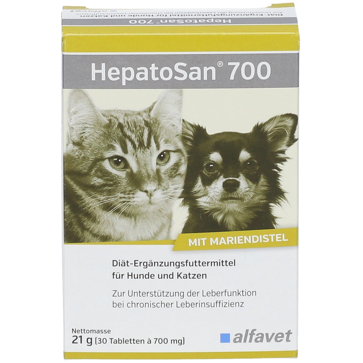 Vue de face de l'emballage HepatoSan® 700. Image chat et chien. Texte: Complément alimentaire diététique. Marque alfavet.
