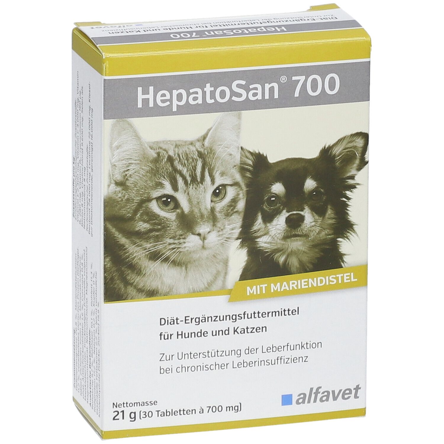 Emballage HepatoSan® 700. Chat et chien. Texte: Complément alimentaire diététique pour chiens et chats. Marque alfavet.