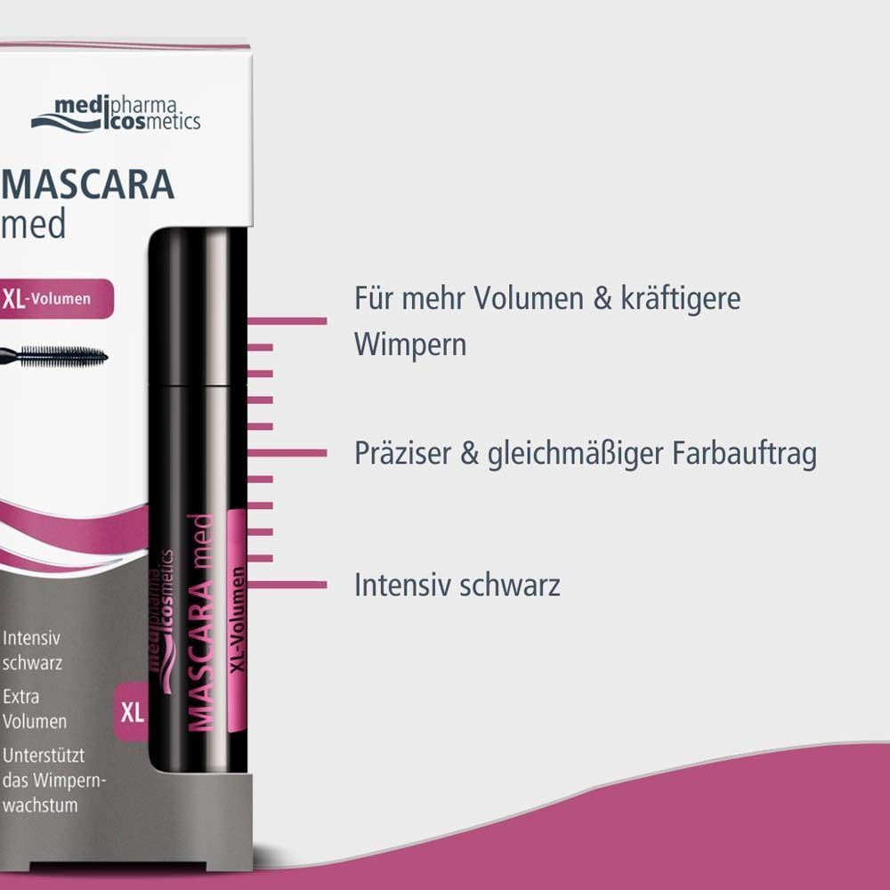 Tube de mascara et emballage. Texte: Pour plus de volume, application précise, noir intense. Marque et nom.