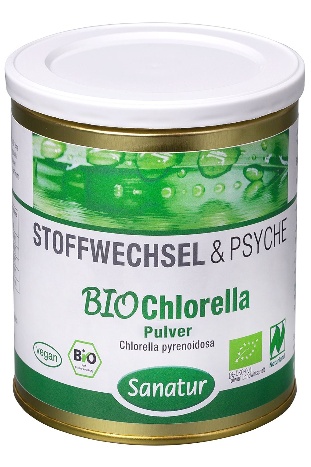 Boîte ronde avec couvercle blanc. Inscription : BIO Chlorella Pulver, Sanatur. Avec label bio et logo vegan.