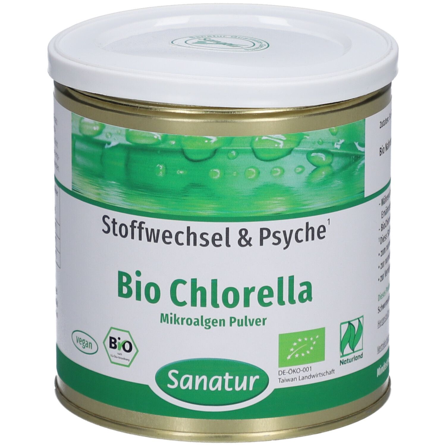 Boîte ronde avec couvercle blanc. Inscription: Bio Chlorella Mikroalgen Pulver. Marque: Sanatur. Étiquetage vert et blanc.