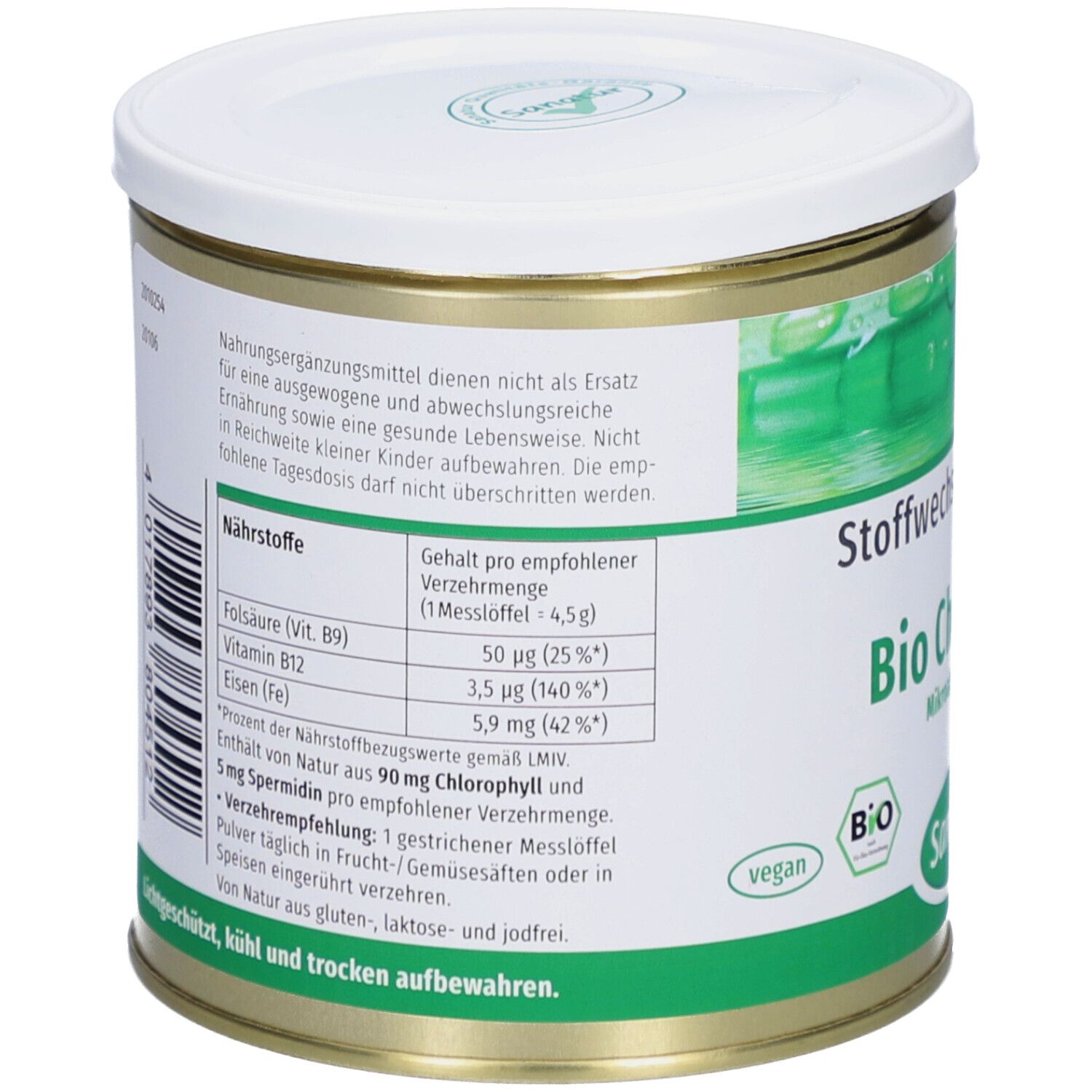 Boîte avec couvercle blanc. Inscriptions: informations nutritionnelles, ingrédients. Contient de l'acide folique, de la vitamine B12, du fer. Texte en allemand.