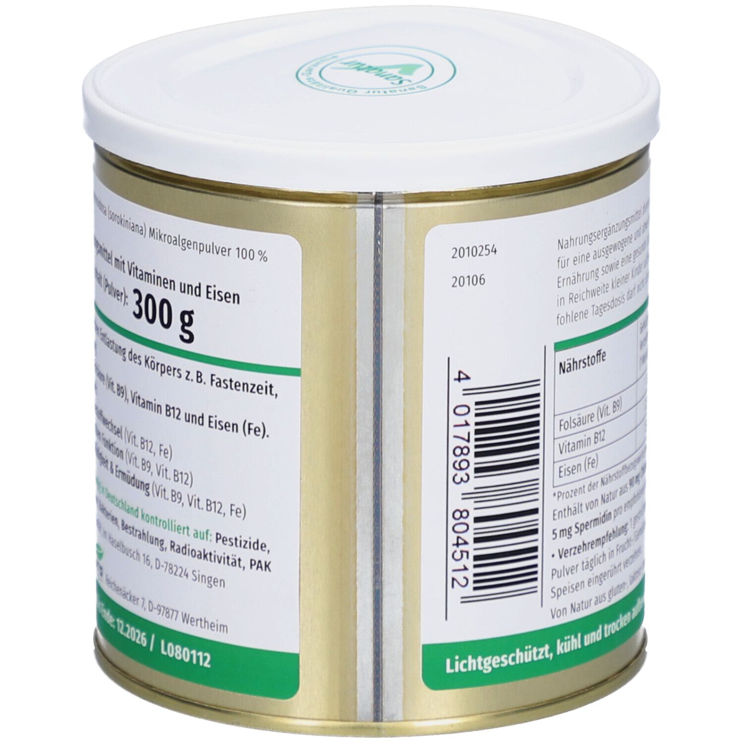 Boîte avec couvercle blanc. Inscription: 300 g, complément alimentaire bio. Contient des vitamines et du fer. Texte en allemand.