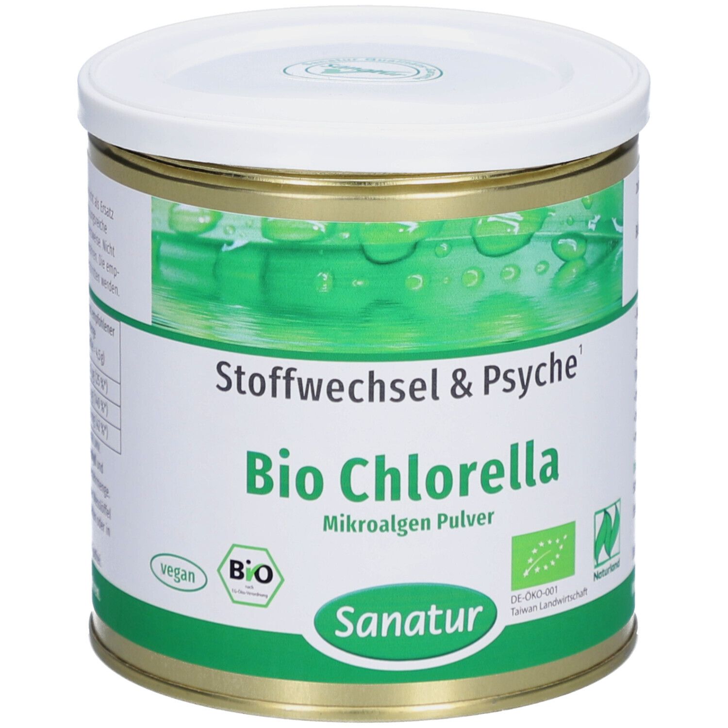 Boîte ronde avec couvercle blanc. Inscription: Bio Chlorella Mikroalgen Pulver. Marque: Sanatur. Étiquetage vert et blanc.