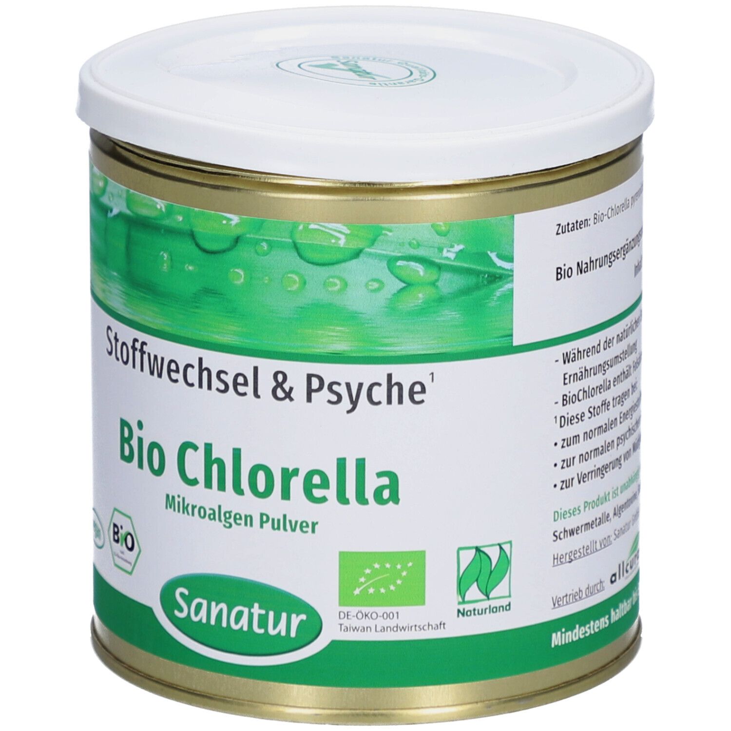 Boîte avec couvercle blanc. Inscription: Bio Chlorella Mikroalgen Pulver. Marque: Sanatur. Étiquetage vert et blanc. Label bio.