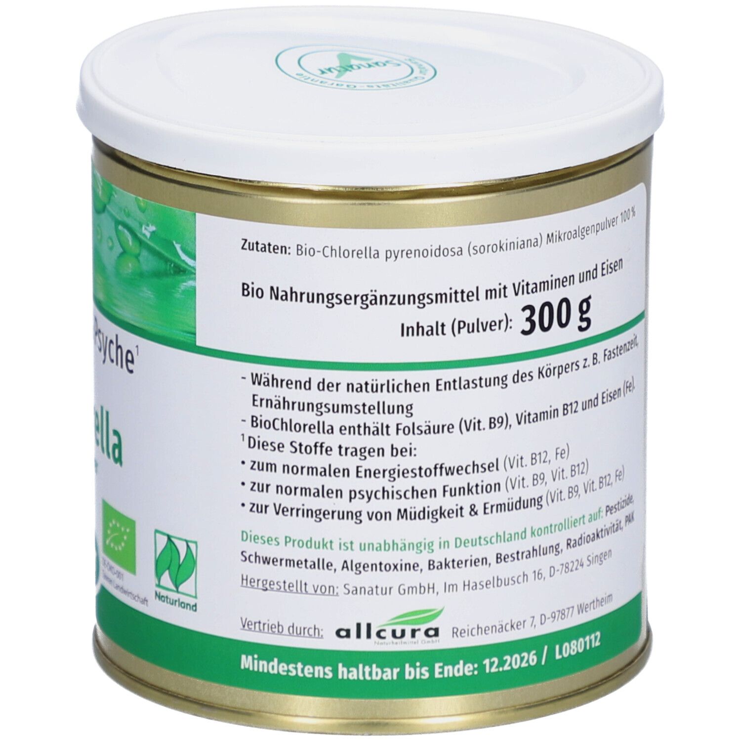 Boîte avec couvercle blanc. Inscription: 300 g, complément alimentaire bio. Contient des vitamines et du fer. Texte en allemand.