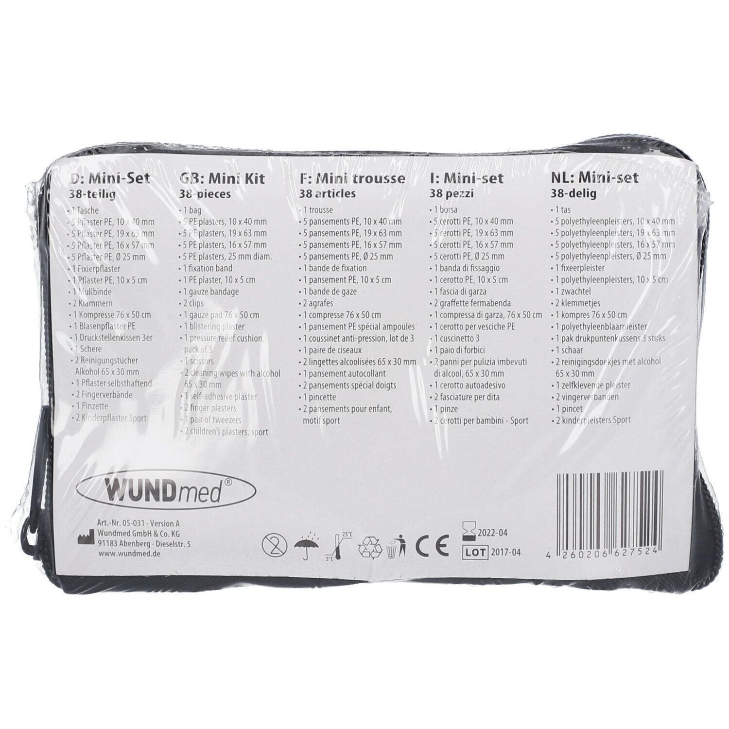 Schwarze Tasche mit transparentem Kunststoff. Aufschrift: WUNDmed Mini-Set 38-teilig. Enthält Verbandsmaterial. CE-Kennzeichnung.