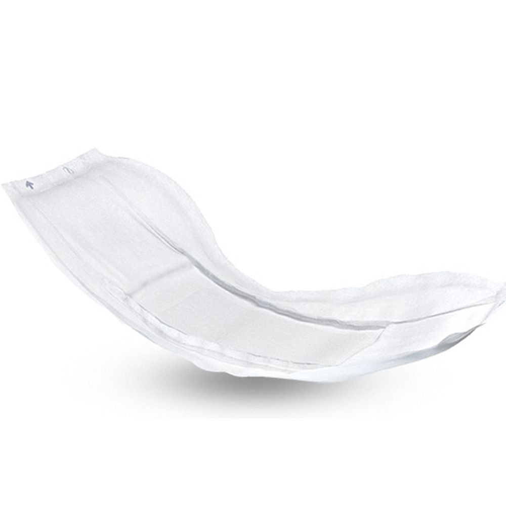 Weißes, gebogenes Inkontinenzprodukt. Textilähnliche Oberfläche. Anatomische Form.