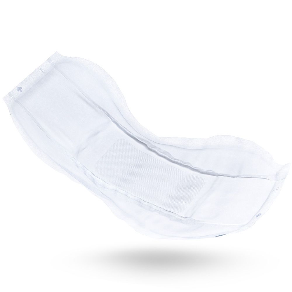 Weißes Inkontinenzprodukt. Anatomische Form. Textilähnliche Oberfläche. Mit dreifachem Saugkern.