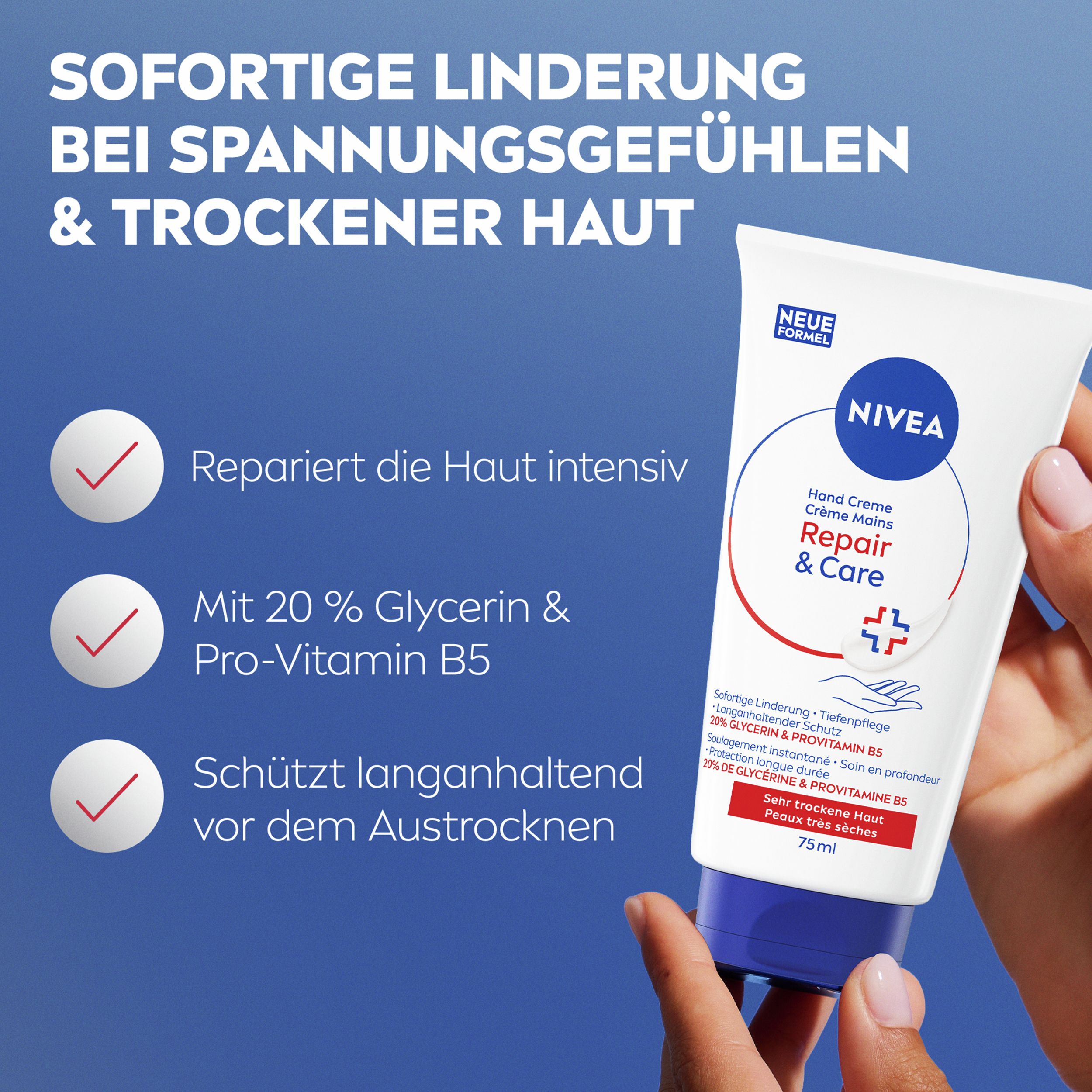 Hand hält eine NIVEA Handcreme Repair & Care Tube. Text: Sofortige Linderung, repariert intensiv, mit 20% Glycerin & Pro-Vitamin B5.