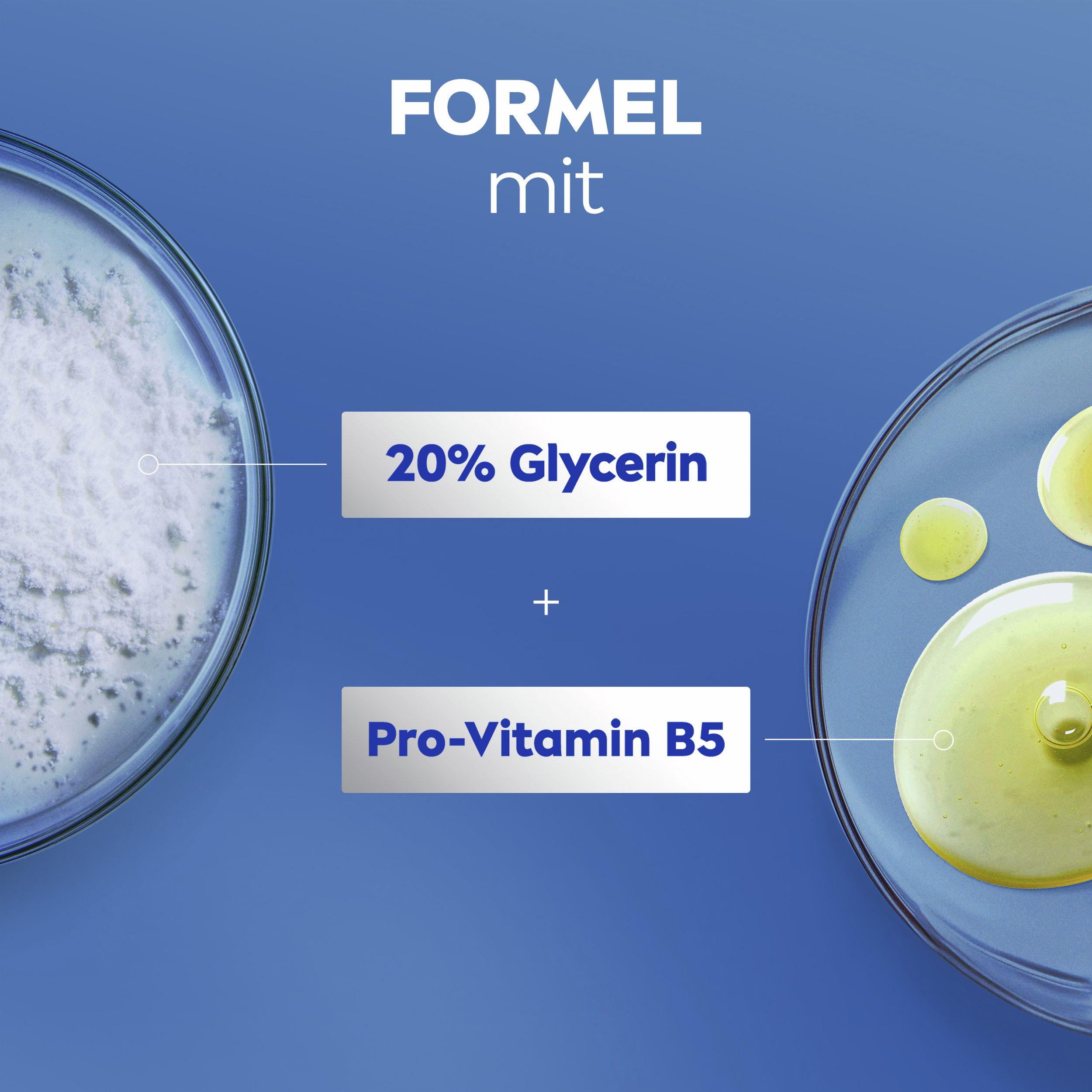 Darstellung der Inhaltsstoffe von NIVEA Handcreme Repair & Care: 20% Glycerin und Pro-Vitamin B5.