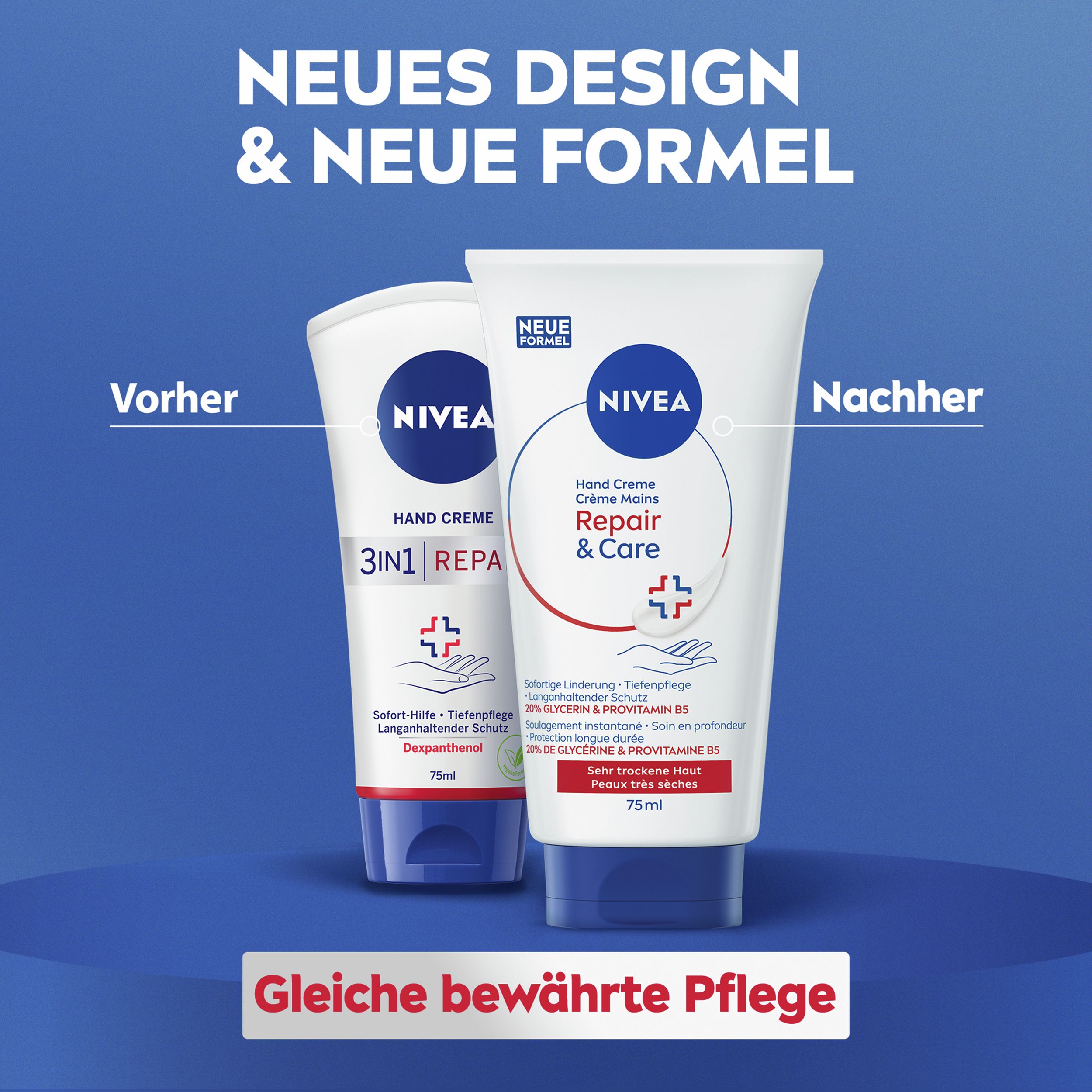 Vergleich von altem und neuem Design der NIVEA Handcreme Repair & Care Tube. Text: Neues Design & neue Formel.