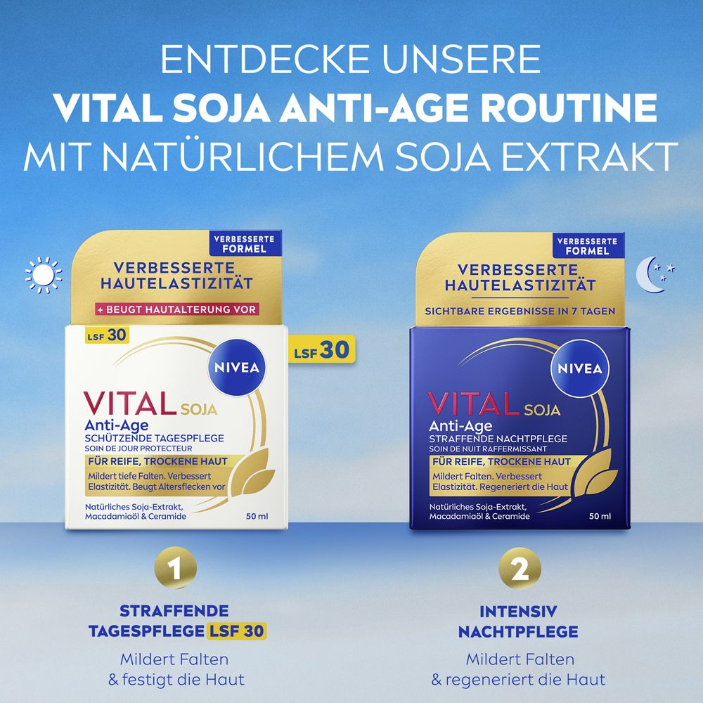 Routine NIVEA VITAL Soja Anti-Âge : Soin de jour SPF 30 et soin de nuit. Avec extrait de soja naturel.