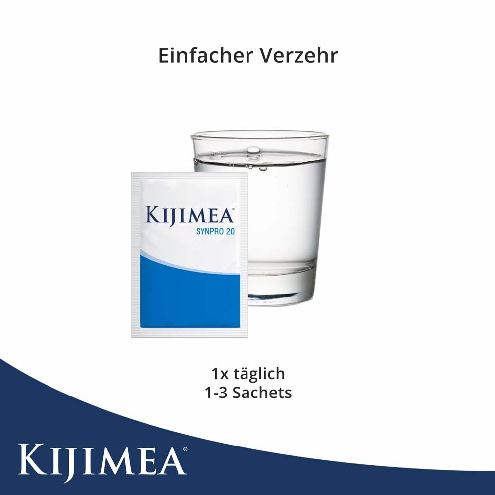 KIJIMEA® Synpro 20 Sachet neben Glas Wasser. 1 Sachet täglich. Produktname und Logo sichtbar.