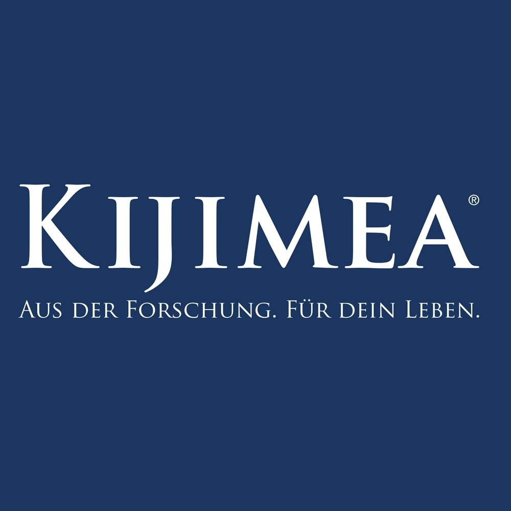 KIJIMEA® Logo auf blauem Hintergrund. Text: „Aus der Forschung. Für dein Leben.“