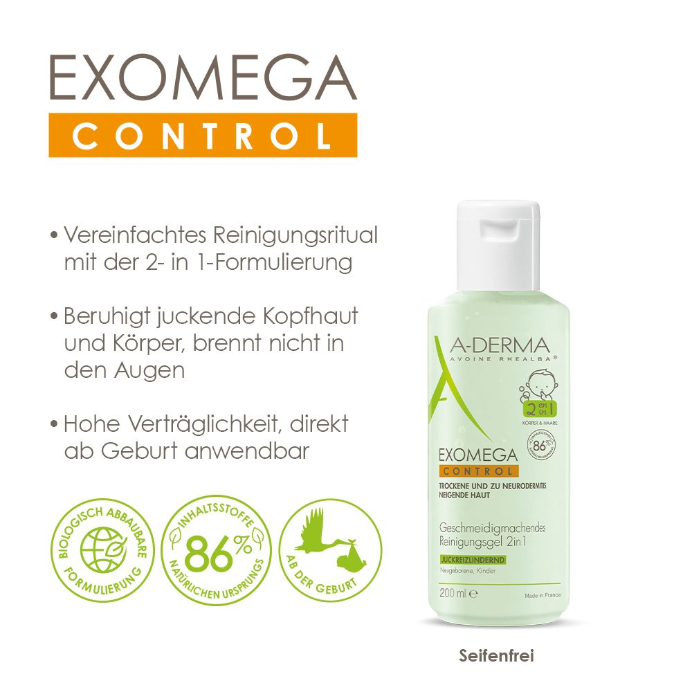 A-DERMA EXOMEGA CONTROL Gel lavant émollient corps et cheveux, 2 en 1