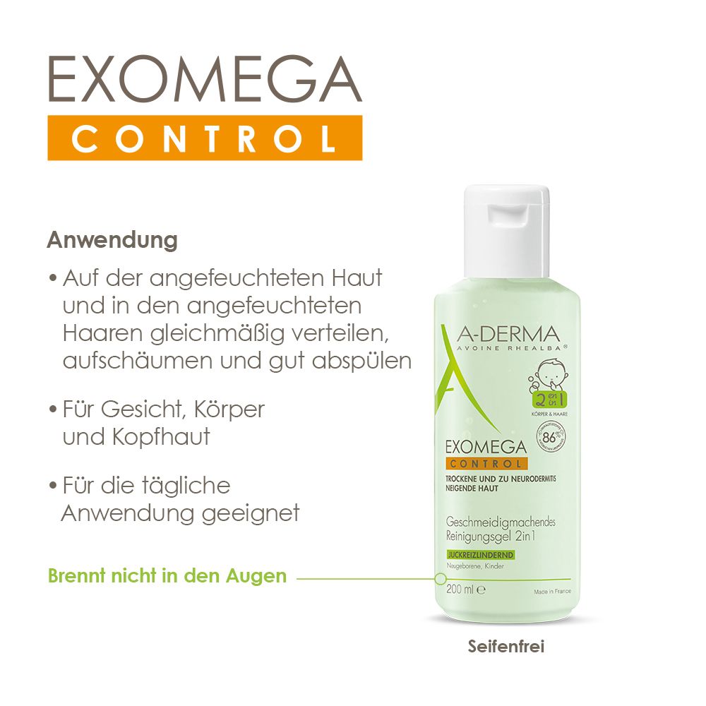 A-DERMA EXOMEGA CONTROL Gel lavant émollient corps et cheveux, 2 en 1