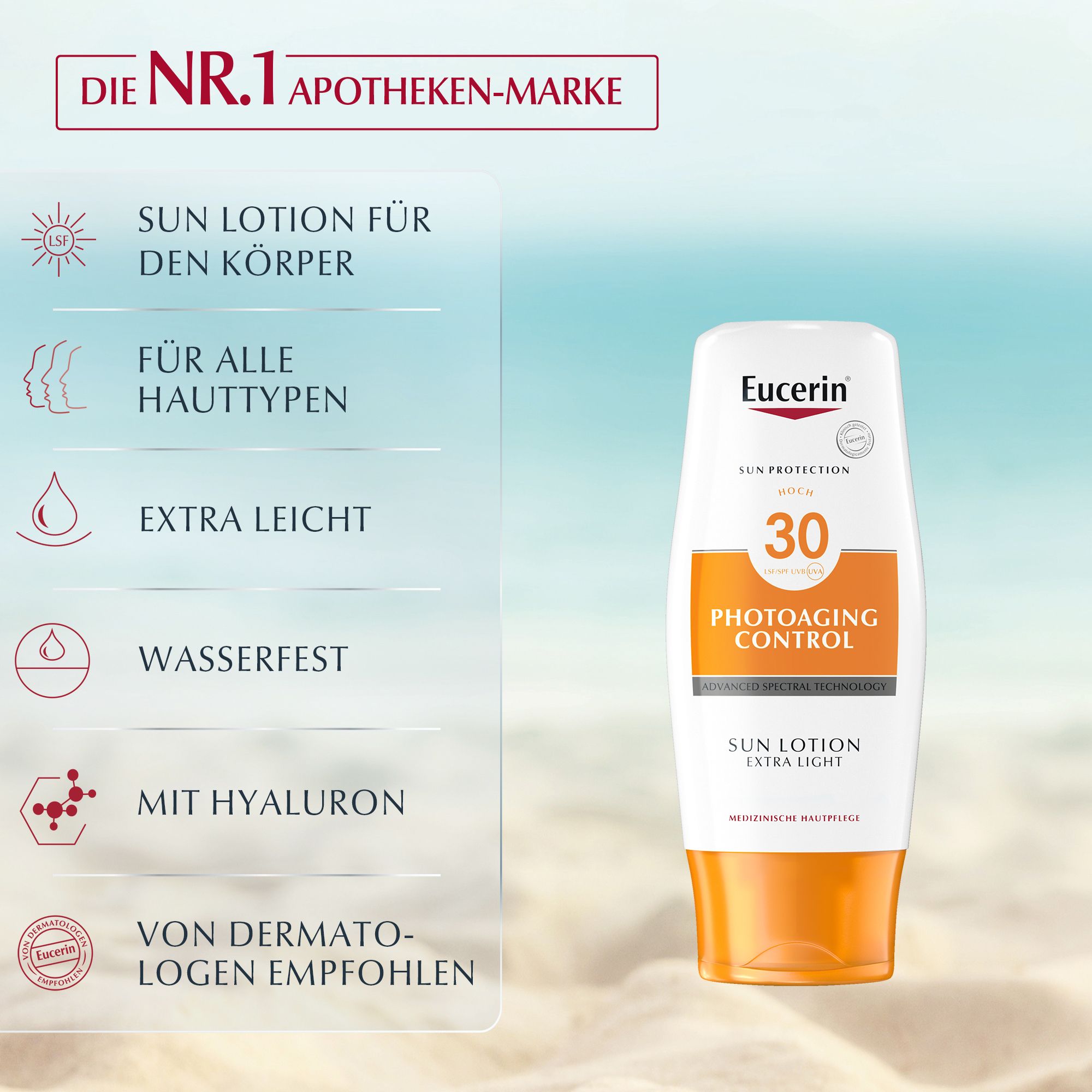 Eucerin Sun Lotion, SPF 30. Tube blanc avec bouchon orange. Texte : Photoaging Control, Sun Lotion Extra Light. Inscription : Marque n°1 en pharmacie.