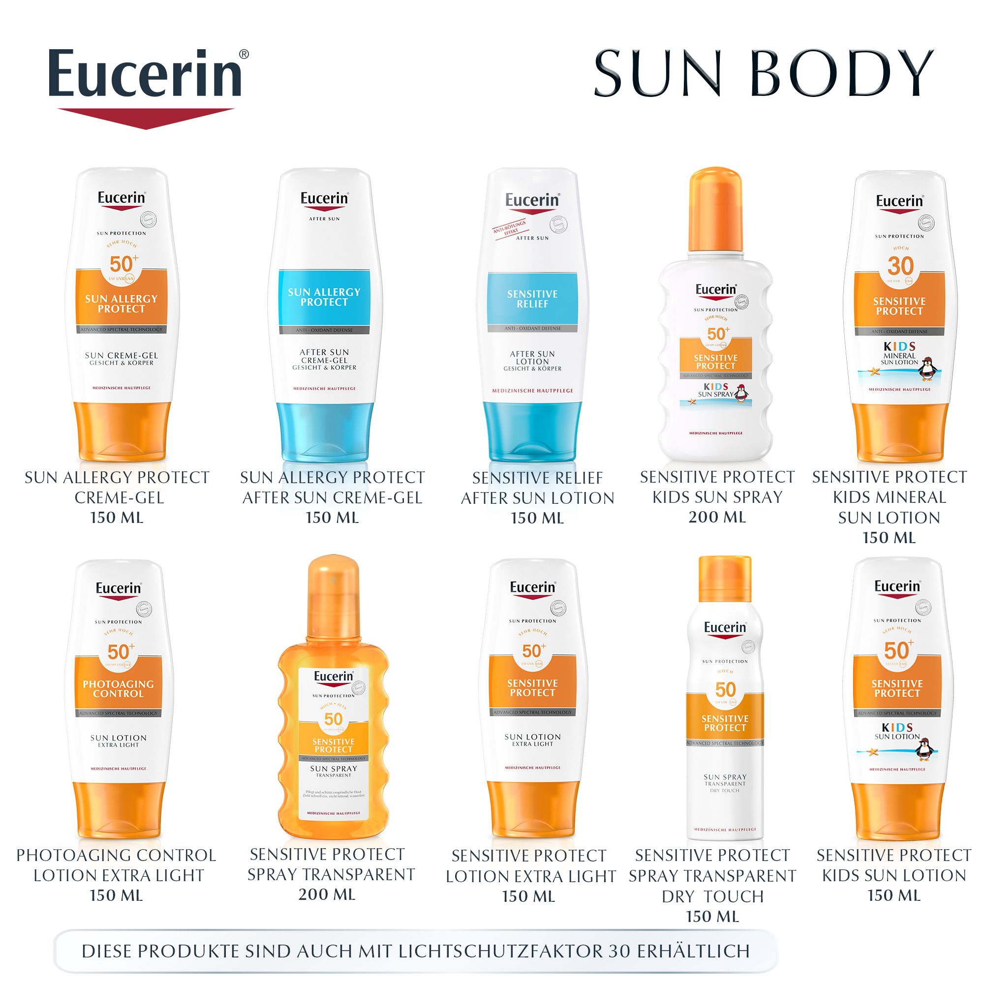 Divers produits solaires Eucerin. Flacons et tubes avec différents textes et facteurs de protection solaire. Produits pour le visage et le corps.