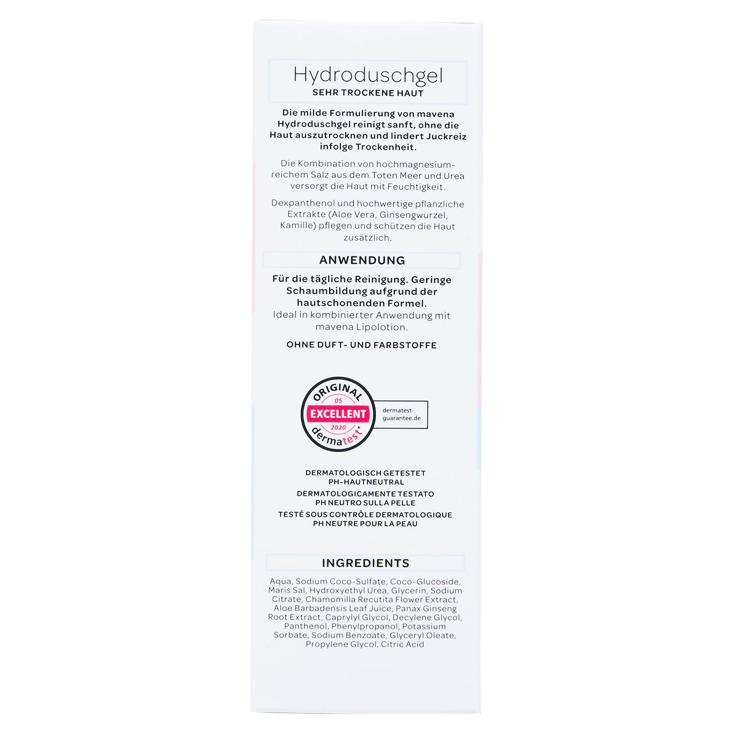 Dos de l'emballage maVena Hydroduschgel. Texte en allemand. Testé dermatologiquement. Sans parfum ni colorants.