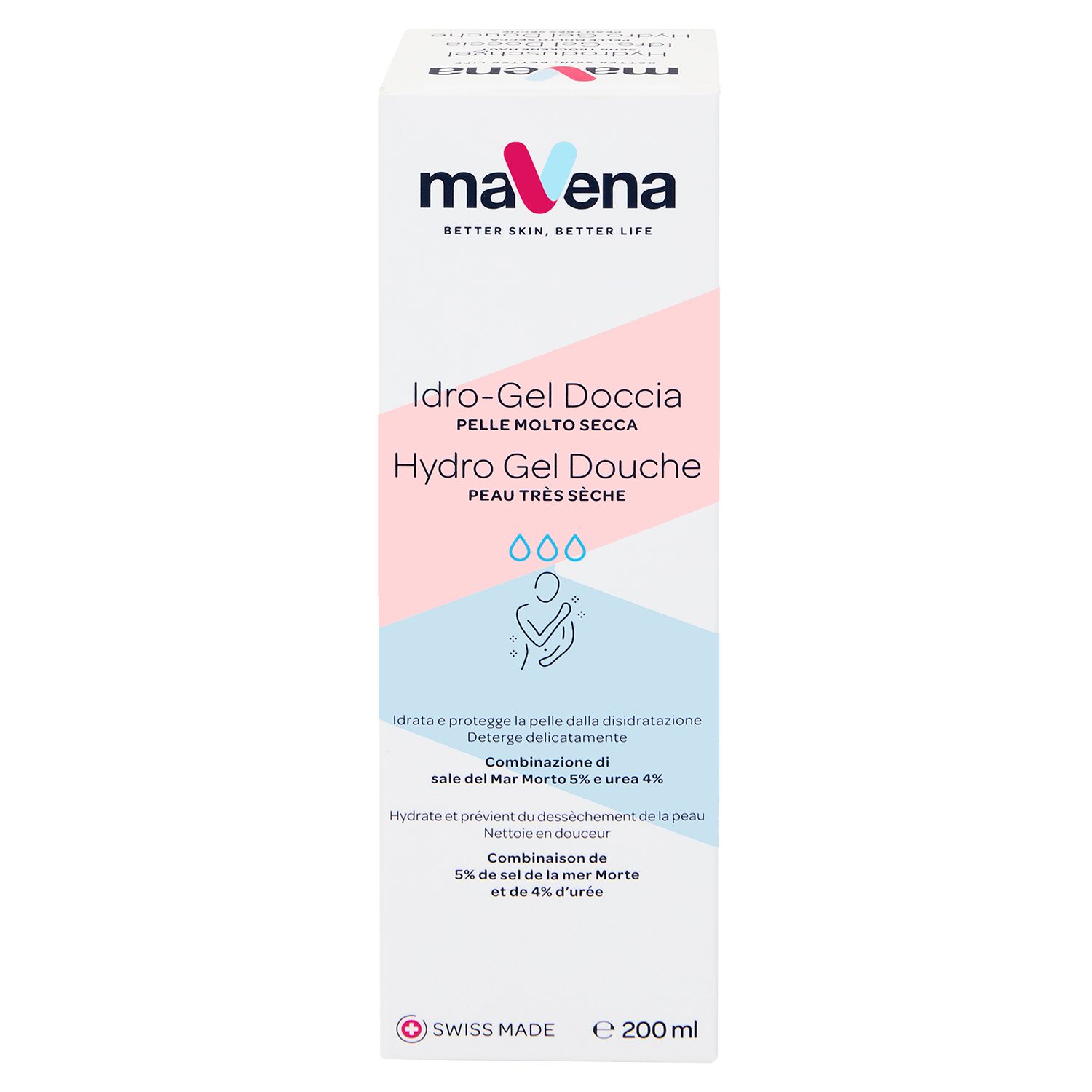 Emballage de maVena Hydroduschgel. Éléments roses et bleu clair. Swiss Made. 200 ml.