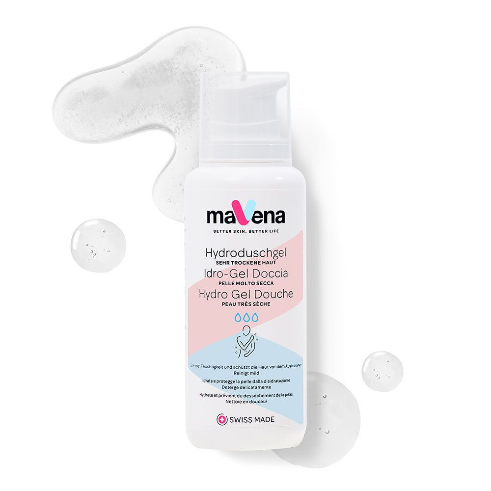 Flacon blanc maVena Hydroduschgel avec produit sur fond blanc. Gouttes et mousse.