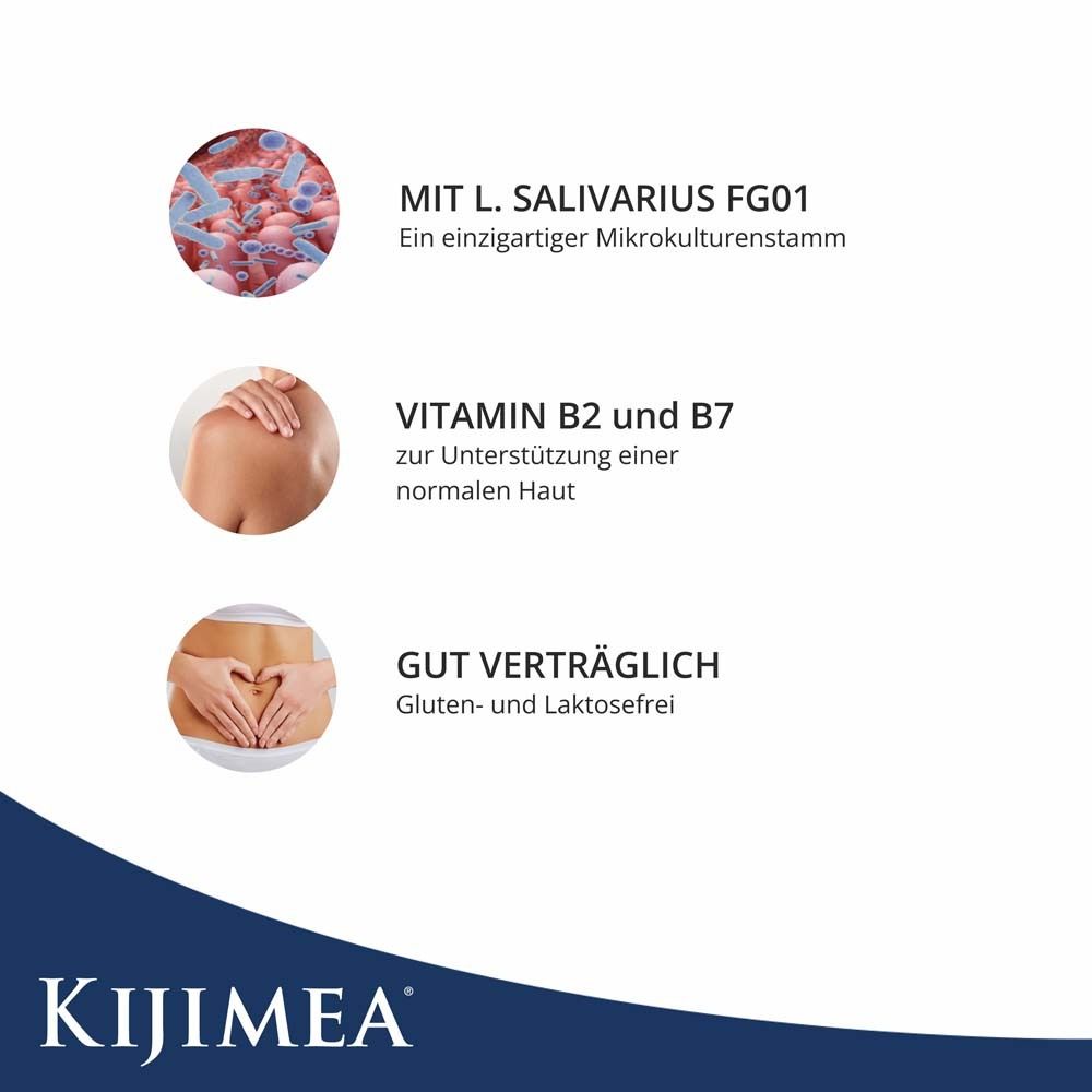 Grafik mit Text: L. salivarius FG01, Vitamin B2 und B7, gut verträglich. Logo KIJIMEA® am unteren Rand.