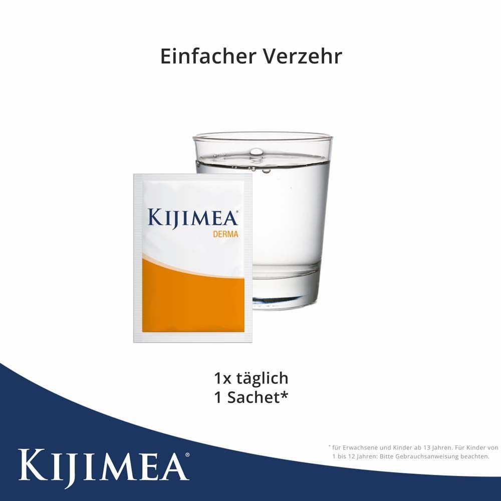 Sachet KIJIMEA® DERMA neben Glas Wasser. Text: 1x täglich, 1 Sachet. Logo KIJIMEA® am unteren Rand.