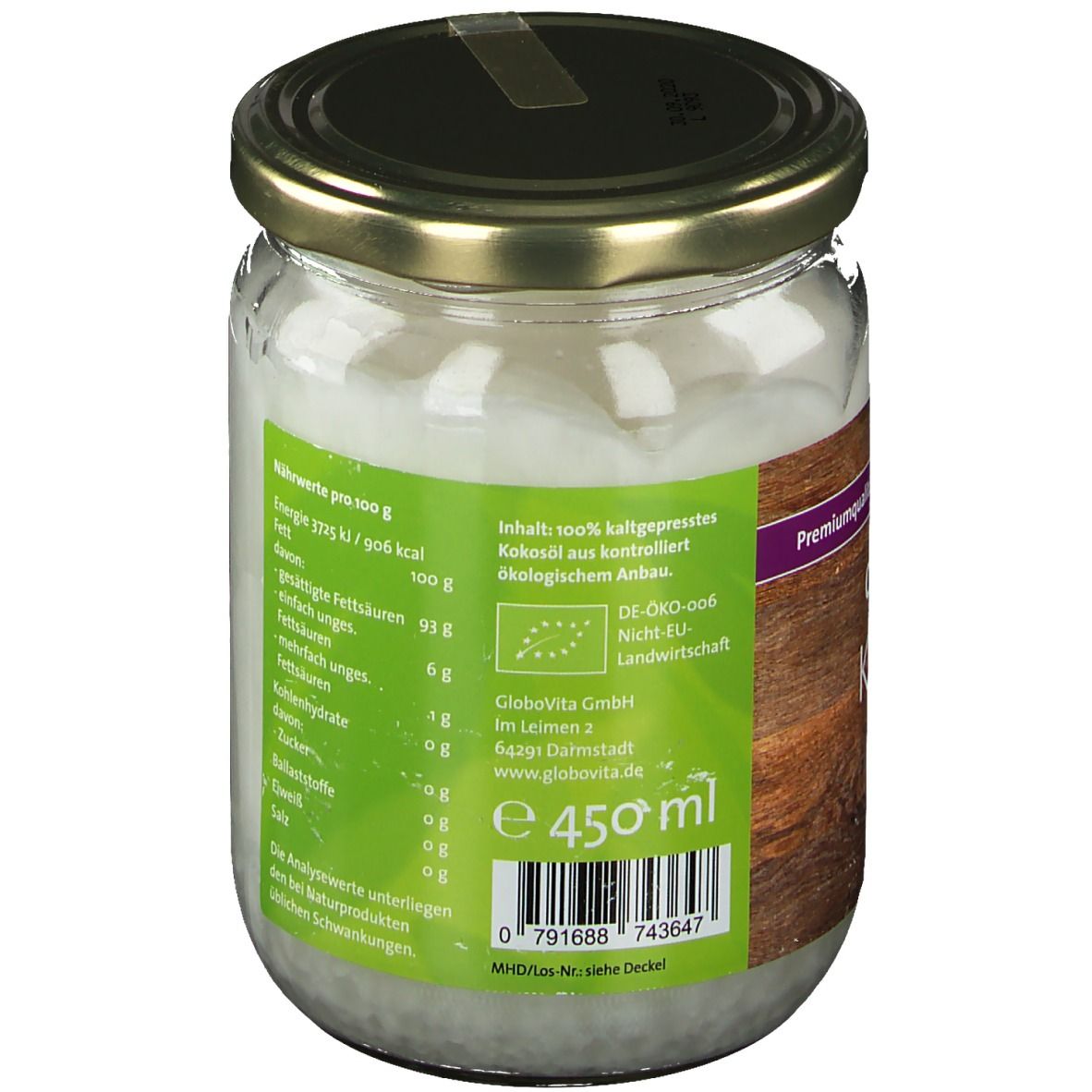 Pot de duówell® Kokosöl nativ. Dos avec informations nutritionnelles, volume et logo Globovita.