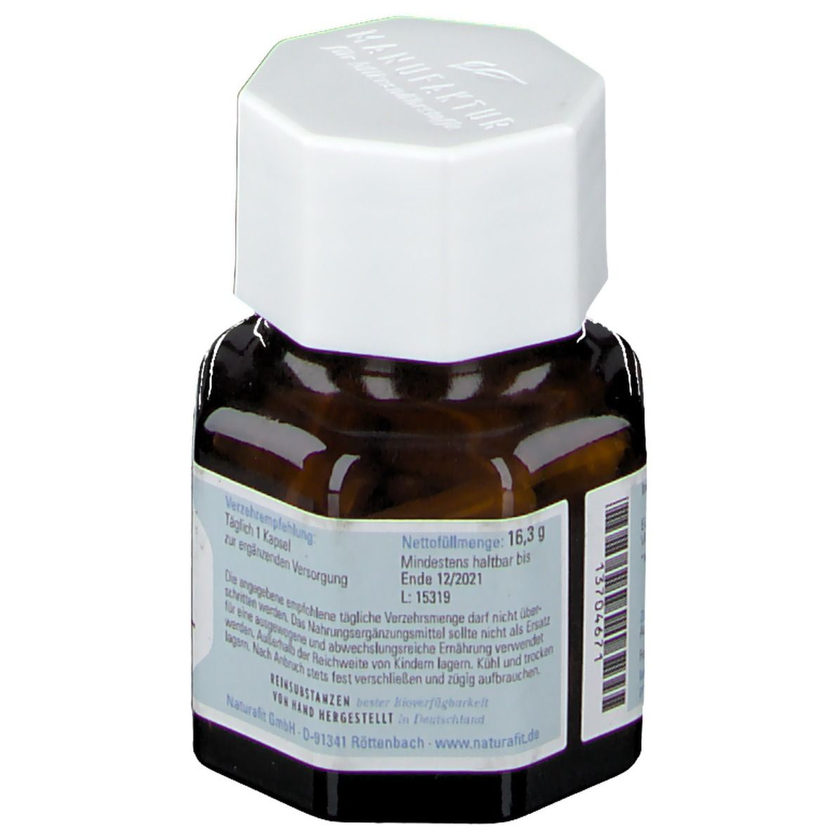 Rückansicht der braunen Glasflasche mit weißem Deckel. Etikett mit Informationen zu Inhaltsstoffen und Haltbarkeit. Chargennummer.