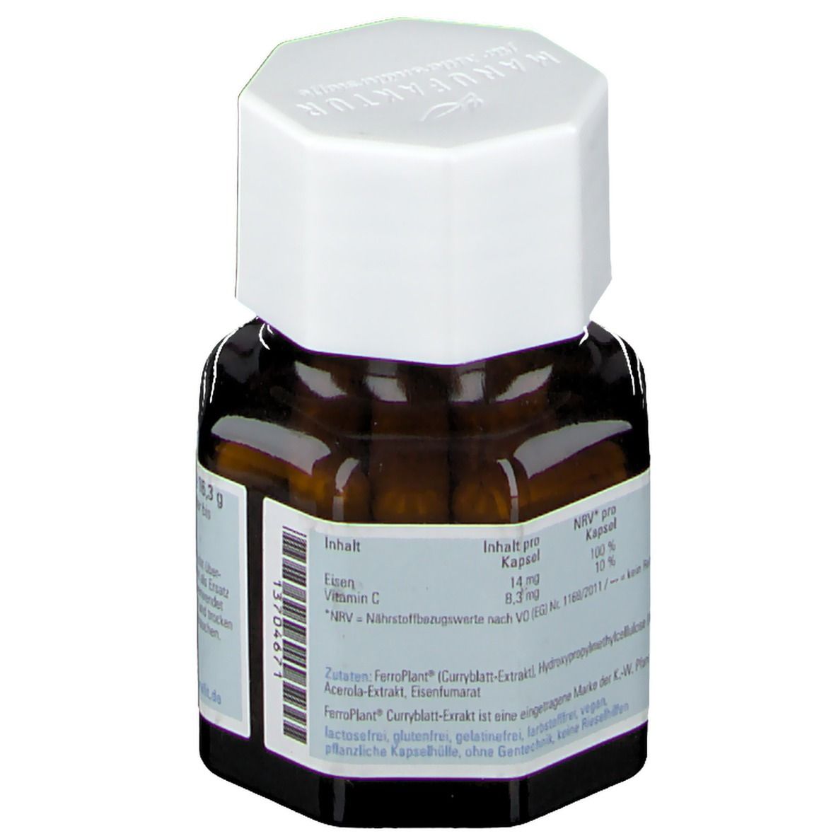 Rückansicht der braunen Glasflasche mit weißem Deckel. Etikett mit Nährwertangaben und Inhaltsstoffen. Chargennummer.